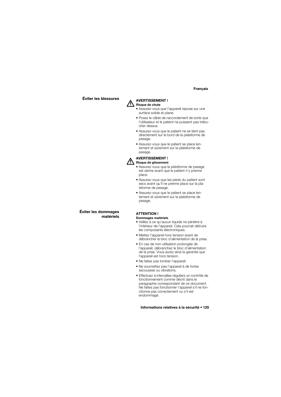 Éviter les blessures, Éviter les dommages matériels, Éviter les blessures éviter les dommages matériels | Seca 645 User Manual | Page 125 / 417