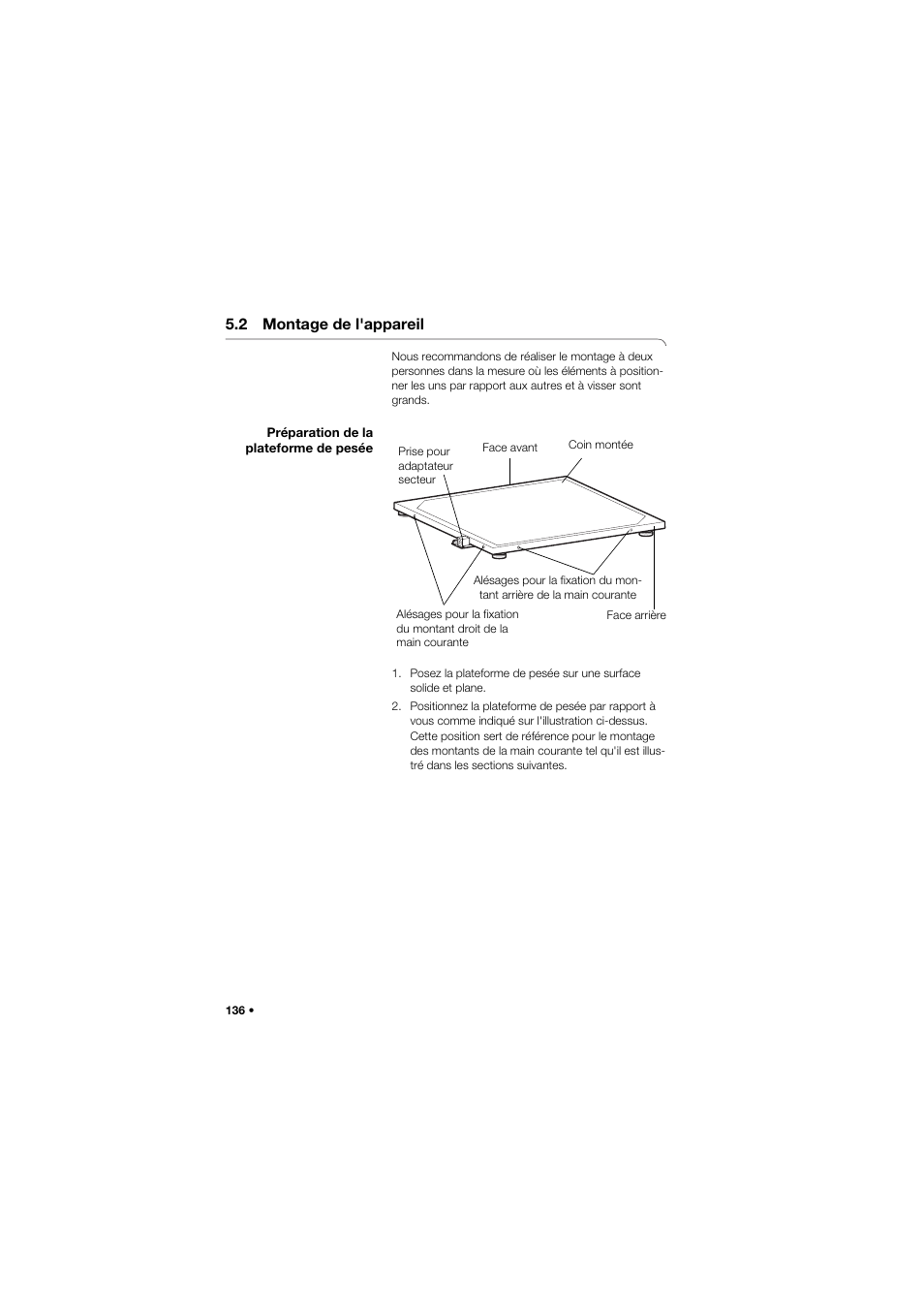 2 montage de l'appareil, Préparation de la plateforme de pesée | Seca 645 User Manual | Page 136 / 417