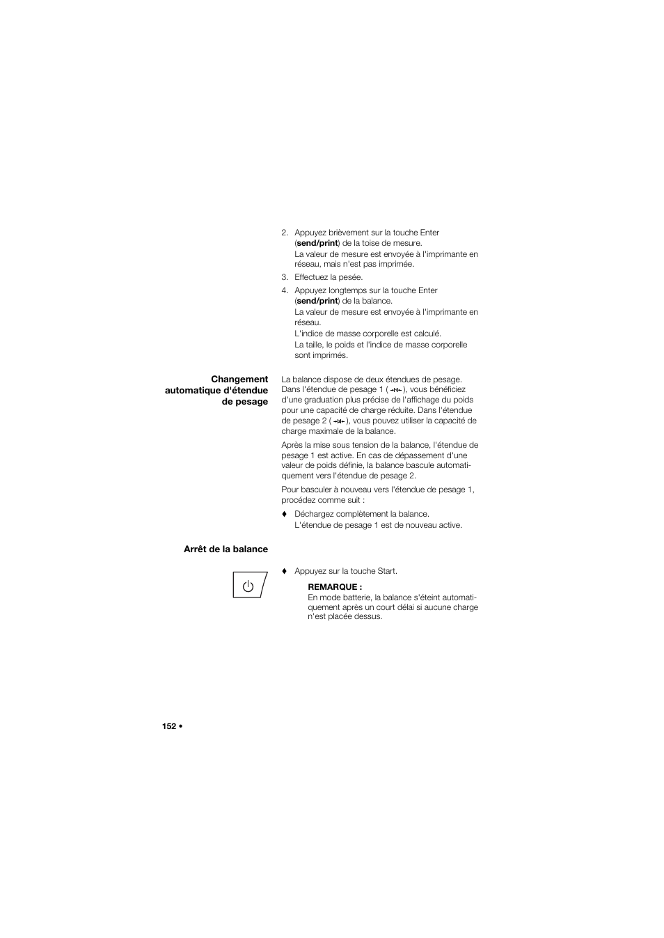 Changement automatique d'étendue de pesage, Arrêt de la balance | Seca 645 User Manual | Page 152 / 417