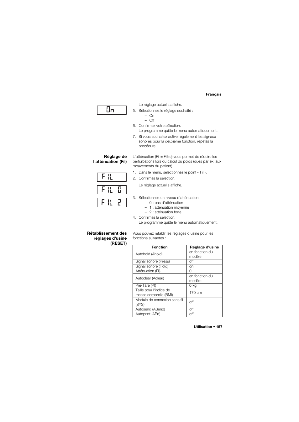 Réglage de l'atténuation (fil), Rétablissement des réglages d'usine (reset) | Seca 645 User Manual | Page 157 / 417