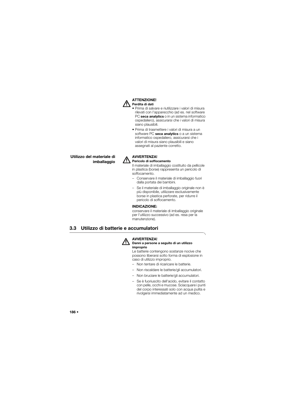Utilizzo del materiale di imballaggio, 3 utilizzo di batterie e accumulatori, 3 utilizzo di batterie e | Accumulatori | Seca 645 User Manual | Page 186 / 417