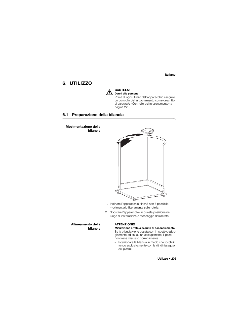 Utilizzo, 1 preparazione della bilancia, Movimentazione della bilancia | Allineamento della bilancia | Seca 645 User Manual | Page 205 / 417