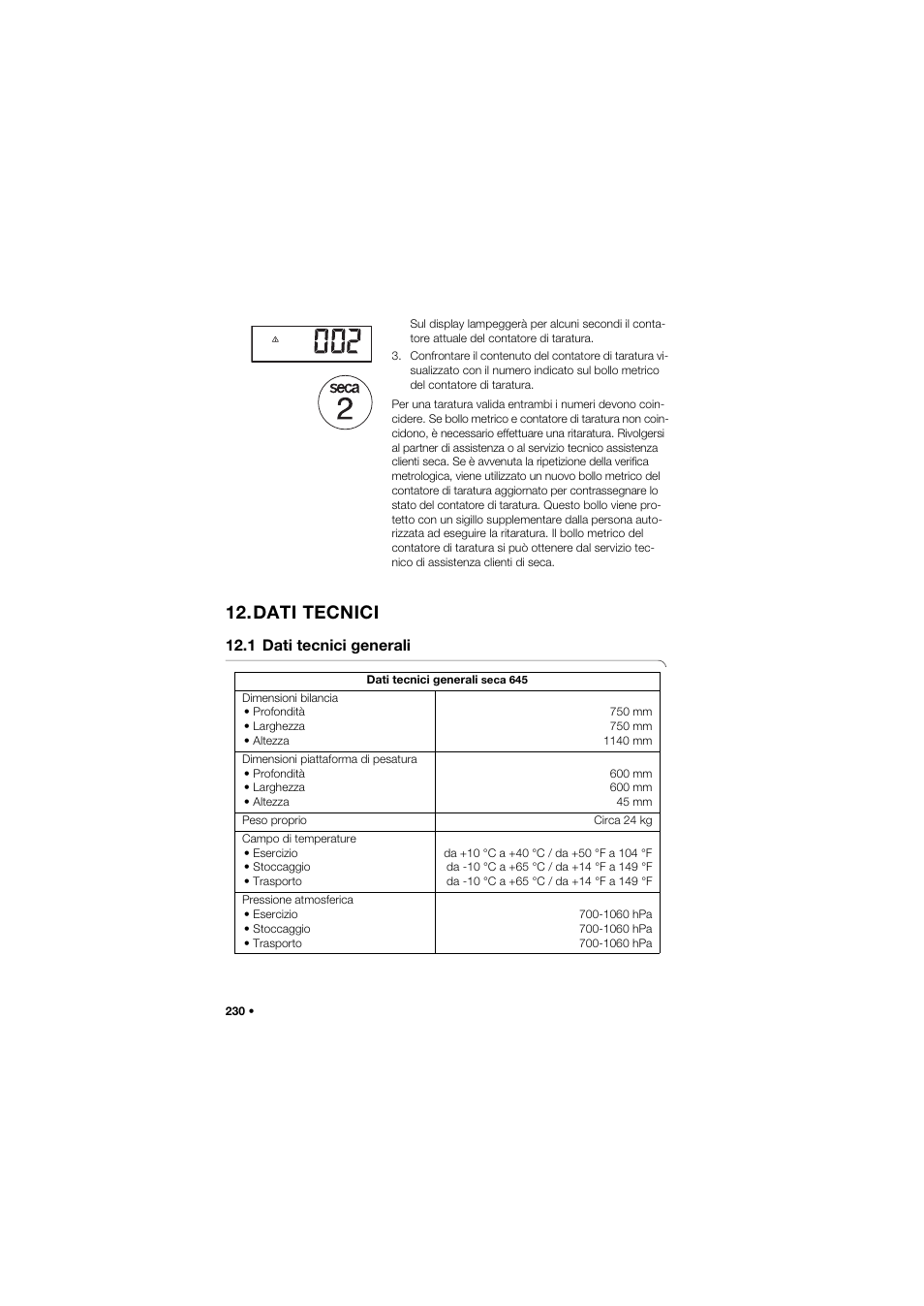 Dati tecnici, 1 dati tecnici generali | Seca 645 User Manual | Page 230 / 417