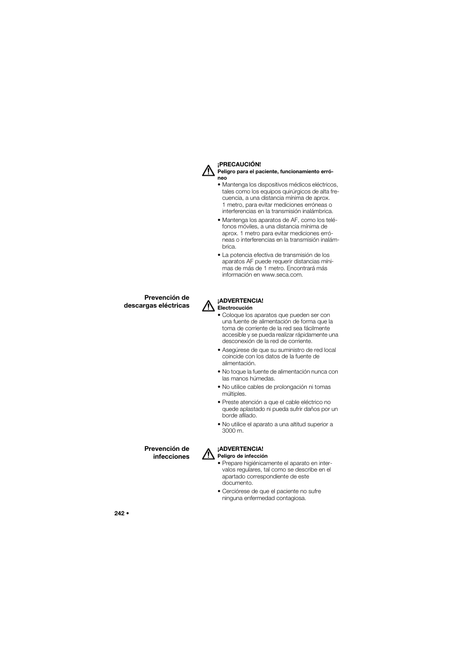 Prevención de descargas eléctricas, Prevención de infecciones | Seca 645 User Manual | Page 242 / 417