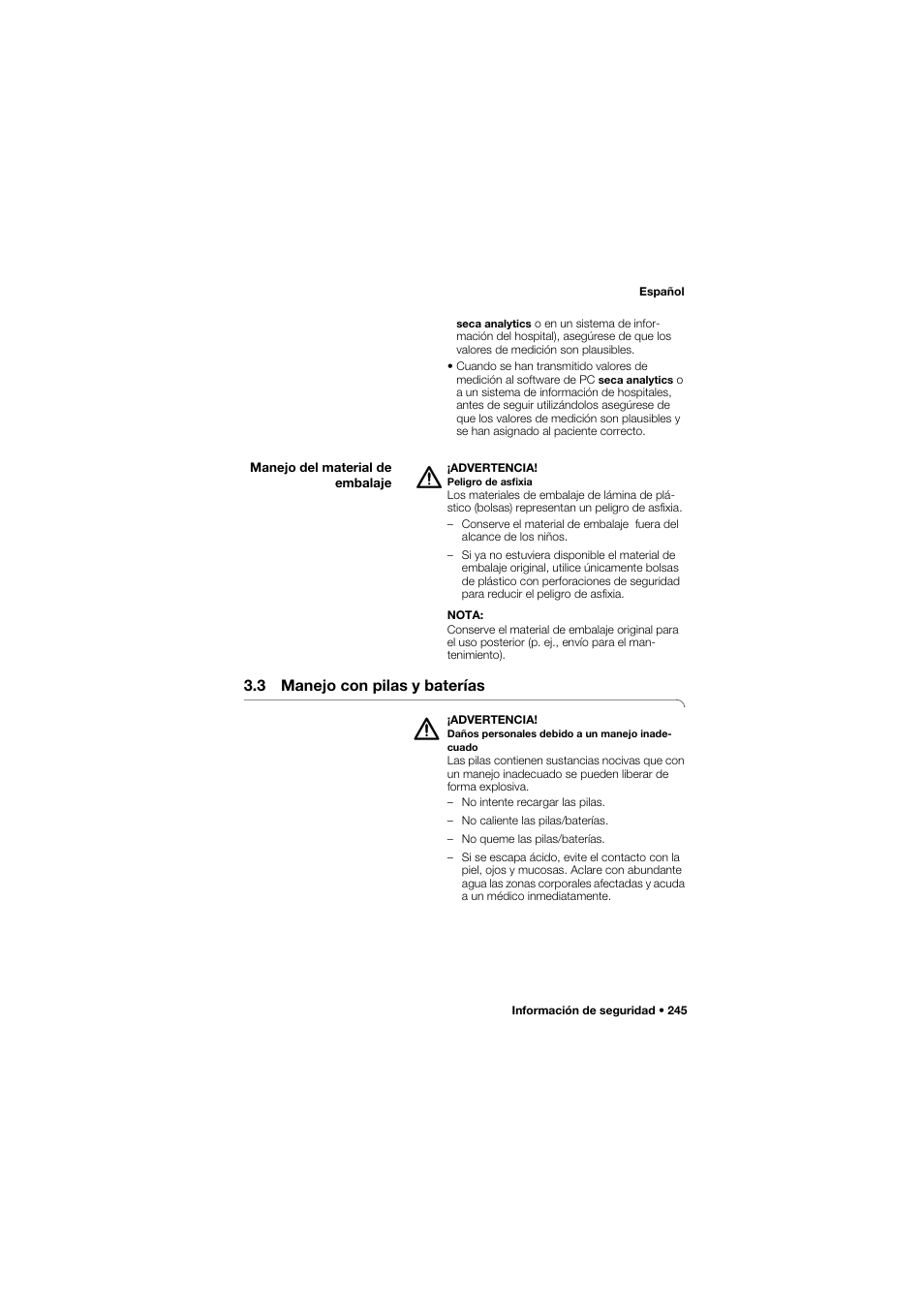 Manejo del material de embalaje, 3 manejo con pilas y baterías | Seca 645 User Manual | Page 245 / 417
