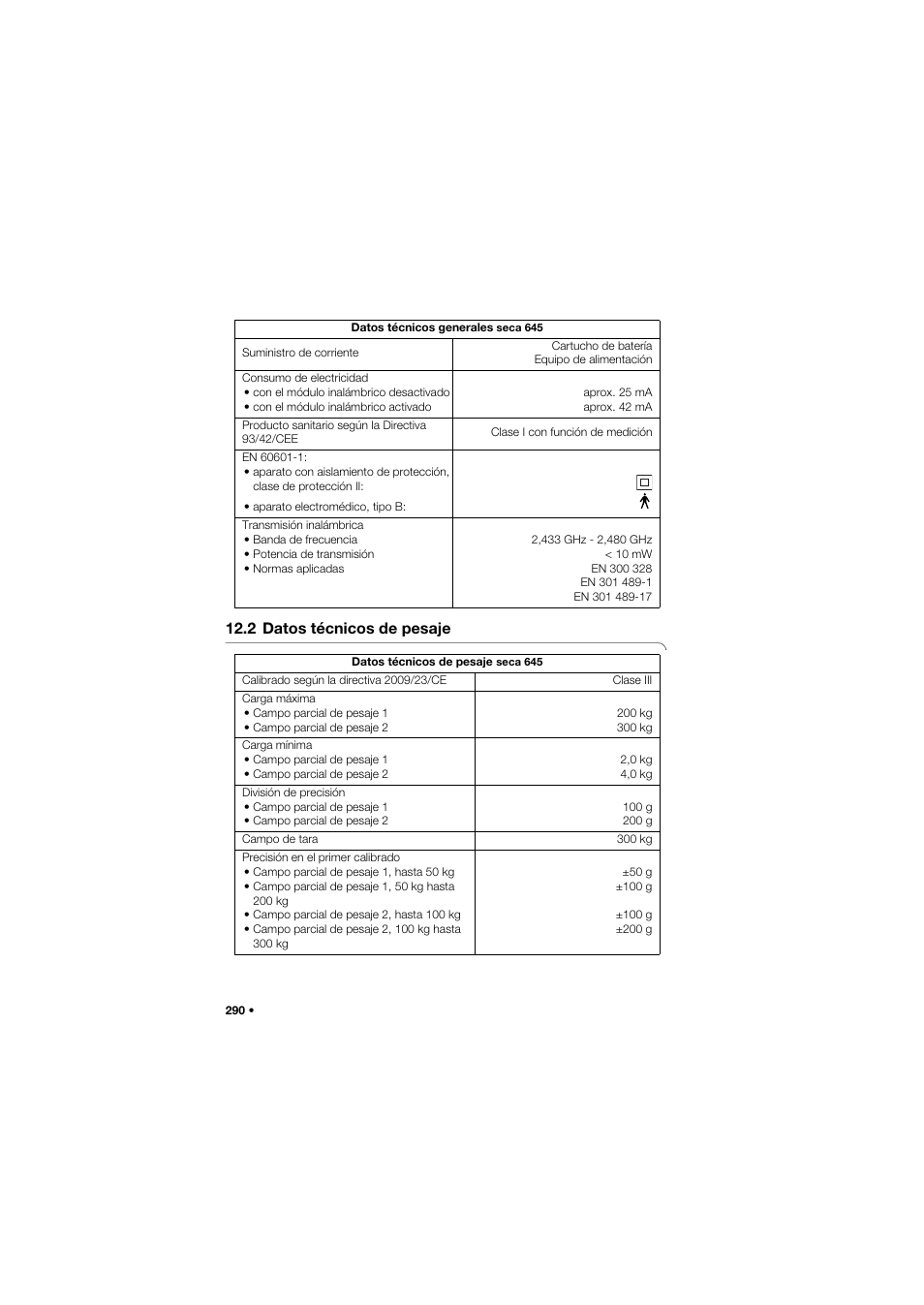 2 datos técnicos de pesaje | Seca 645 User Manual | Page 290 / 417