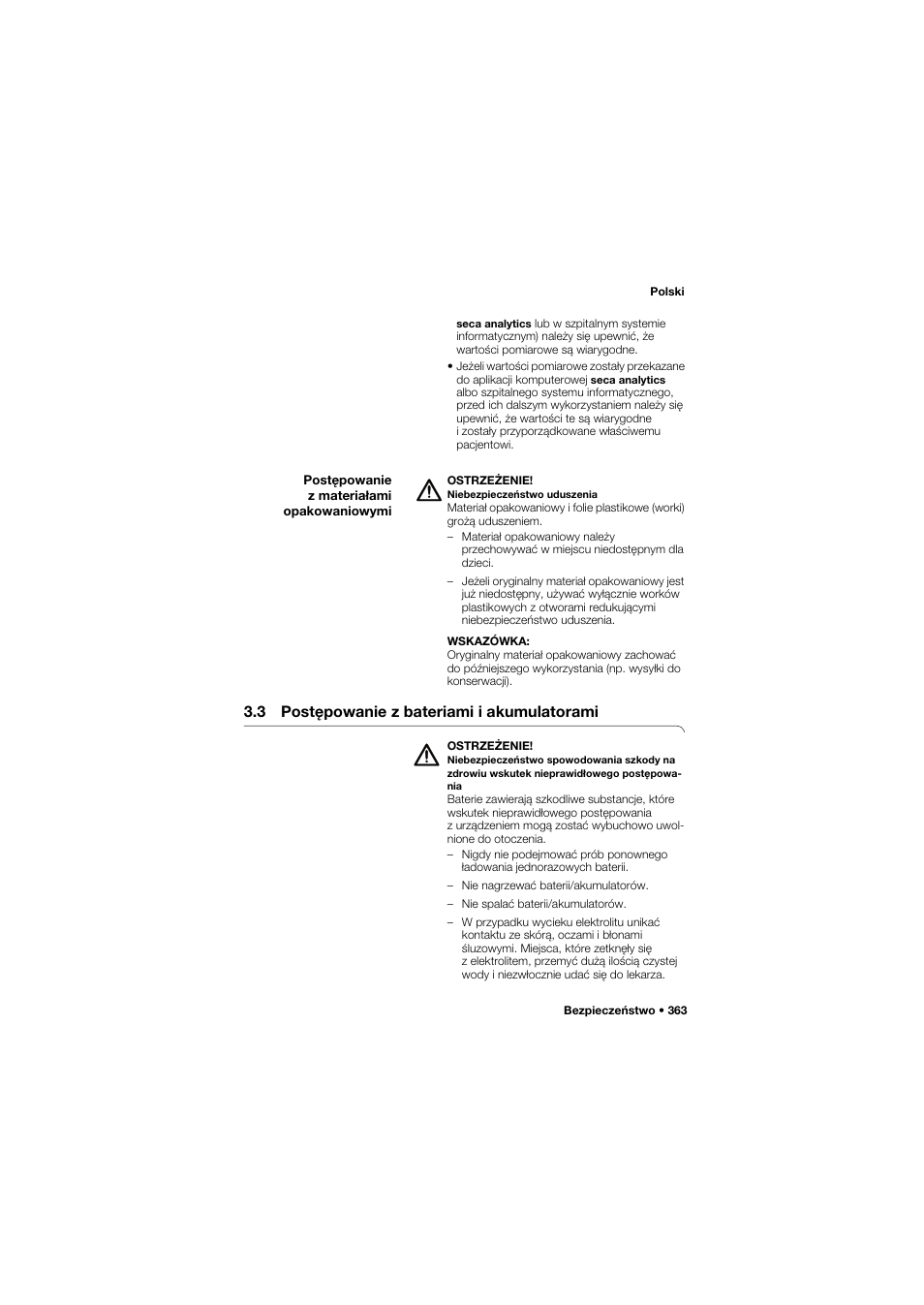Postępowanie z materiałami opakowaniowymi, 3 postępowanie z bateriami i akumulatorami, 3 postępowanie z bateriami | I akumulatorami | Seca 645 User Manual | Page 363 / 417