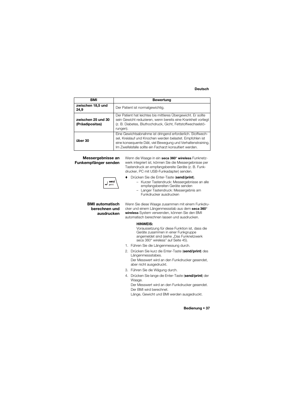 Messergebnisse an funkempfänger senden, Bmi automatisch berechnen und ausdrucken | Seca 645 User Manual | Page 37 / 417
