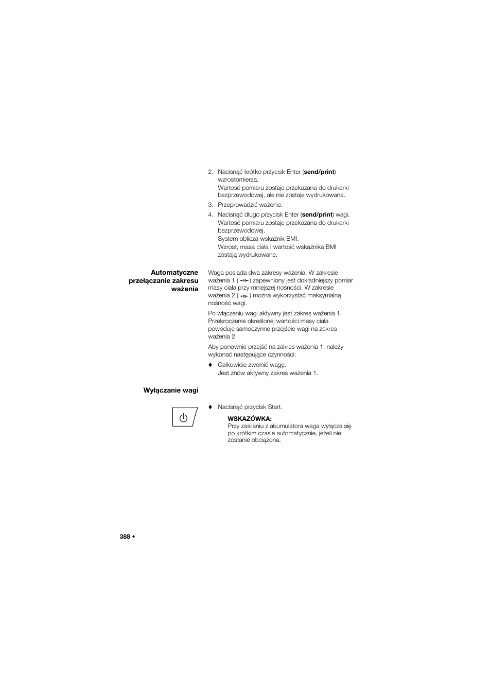 Automatyczne przełączanie zakresu ważenia, Wyłączanie wagi | Seca 645 User Manual | Page 388 / 417