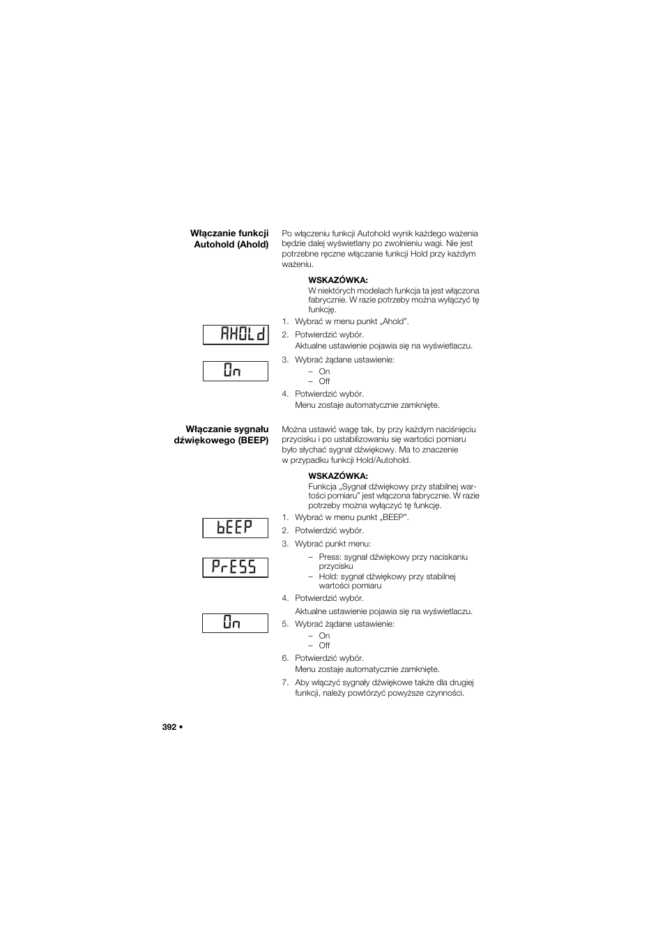 Włączanie funkcji autohold (ahold), Włączanie sygnału dźwiękowego (beep) | Seca 645 User Manual | Page 392 / 417