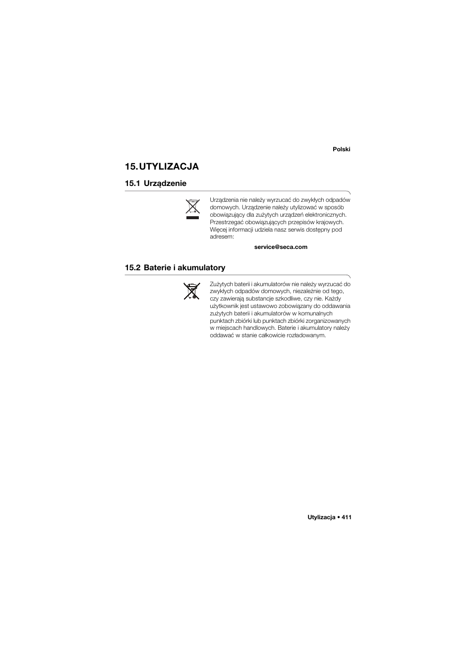 Utylizacja, 1 urządzenie, 2 baterie i akumulatory | 1 urządzenie 15.2 baterie i akumulatory | Seca 645 User Manual | Page 411 / 417