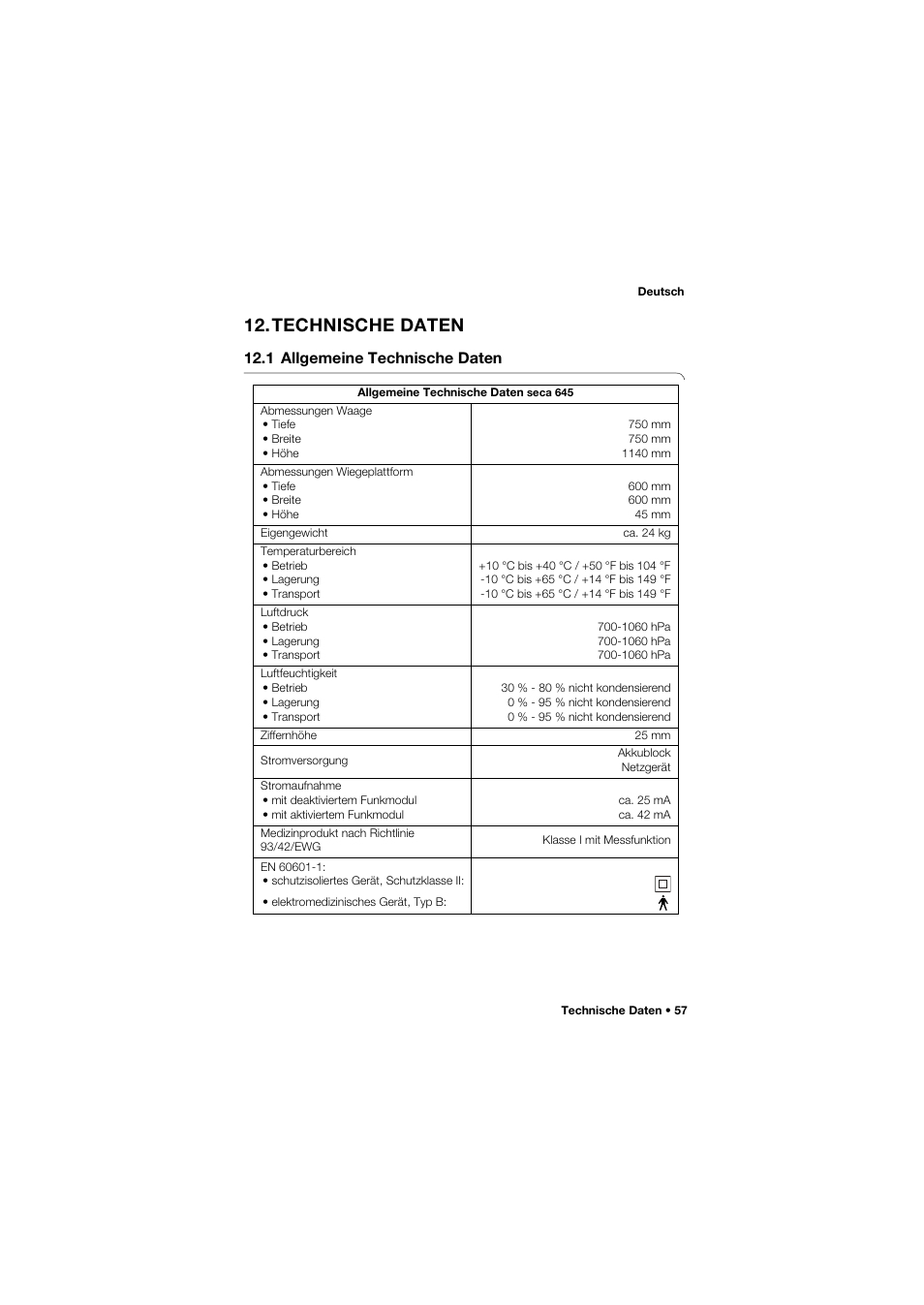 Technische daten, 1 allgemeine technische daten, 1 allgemeine technische daten 57 | Siehe „technische daten” auf seite 57 | Seca 645 User Manual | Page 57 / 417