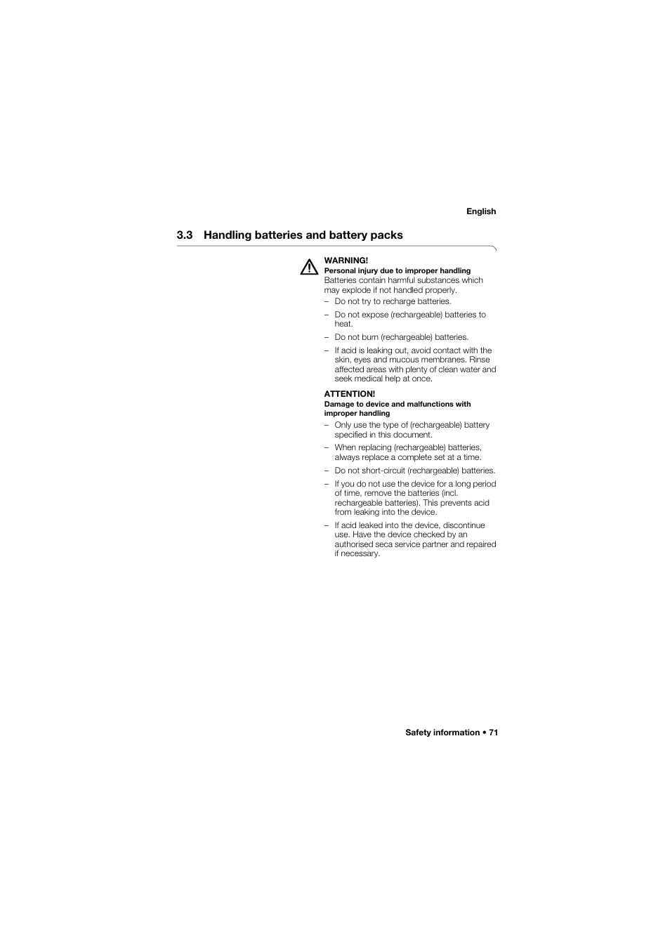 3 handling batteries and battery packs, 3 handling batteries and battery, Packs | Seca 645 User Manual | Page 71 / 417