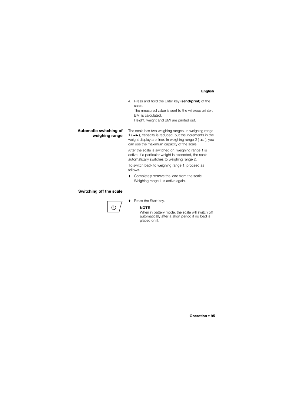 Automatic switching of weighing range, Switching off the scale | Seca 645 User Manual | Page 95 / 417