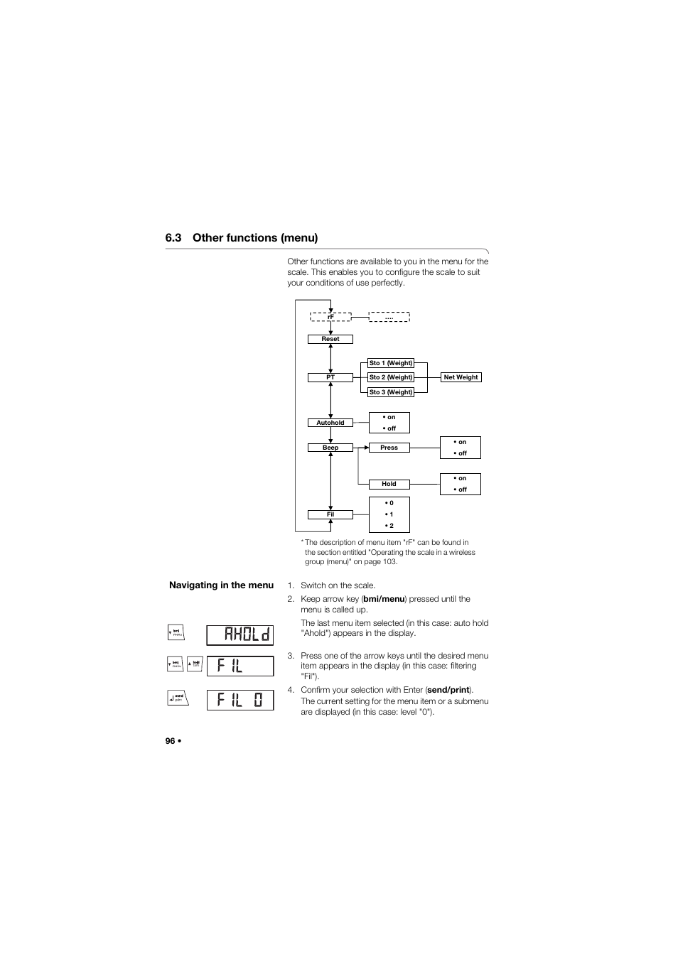 3 other functions (menu), Navigating in the menu | Seca 645 User Manual | Page 96 / 417
