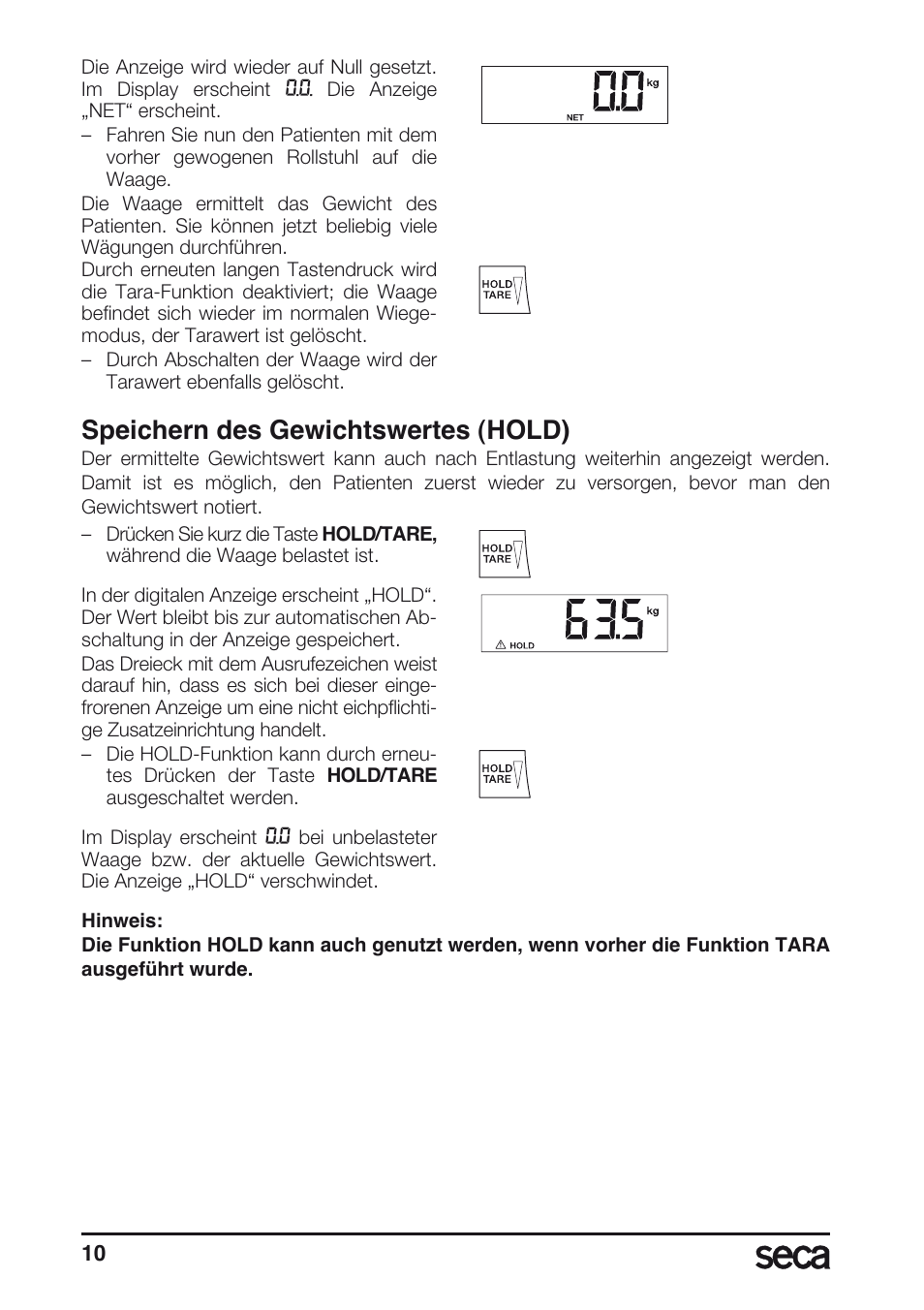 Speichern des gewichtswertes (hold) | Seca 665 User Manual | Page 10 / 188