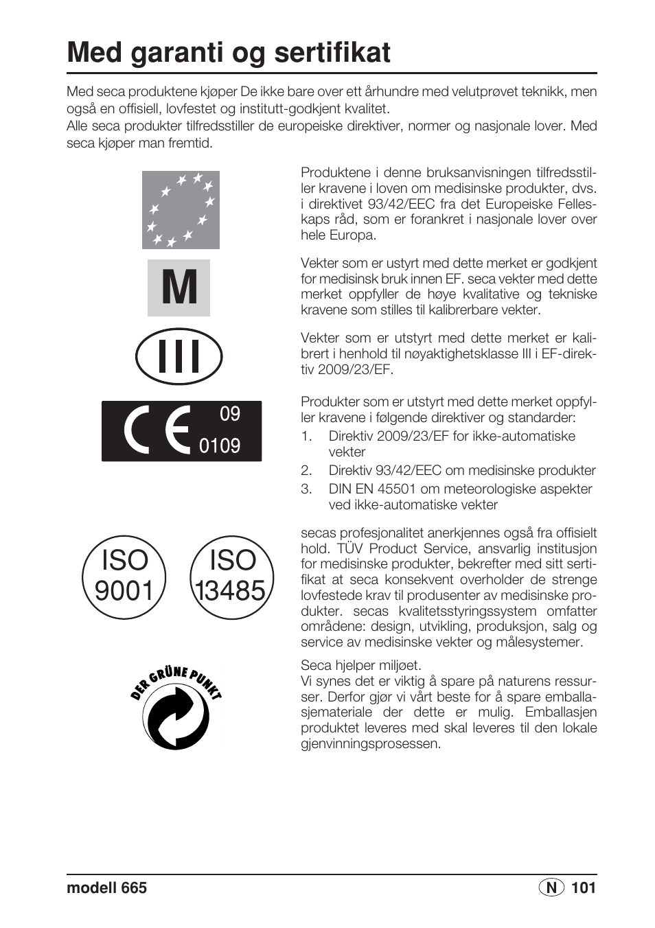 Norsk, Med garanti og sertifikat | Seca 665 User Manual | Page 101 / 188