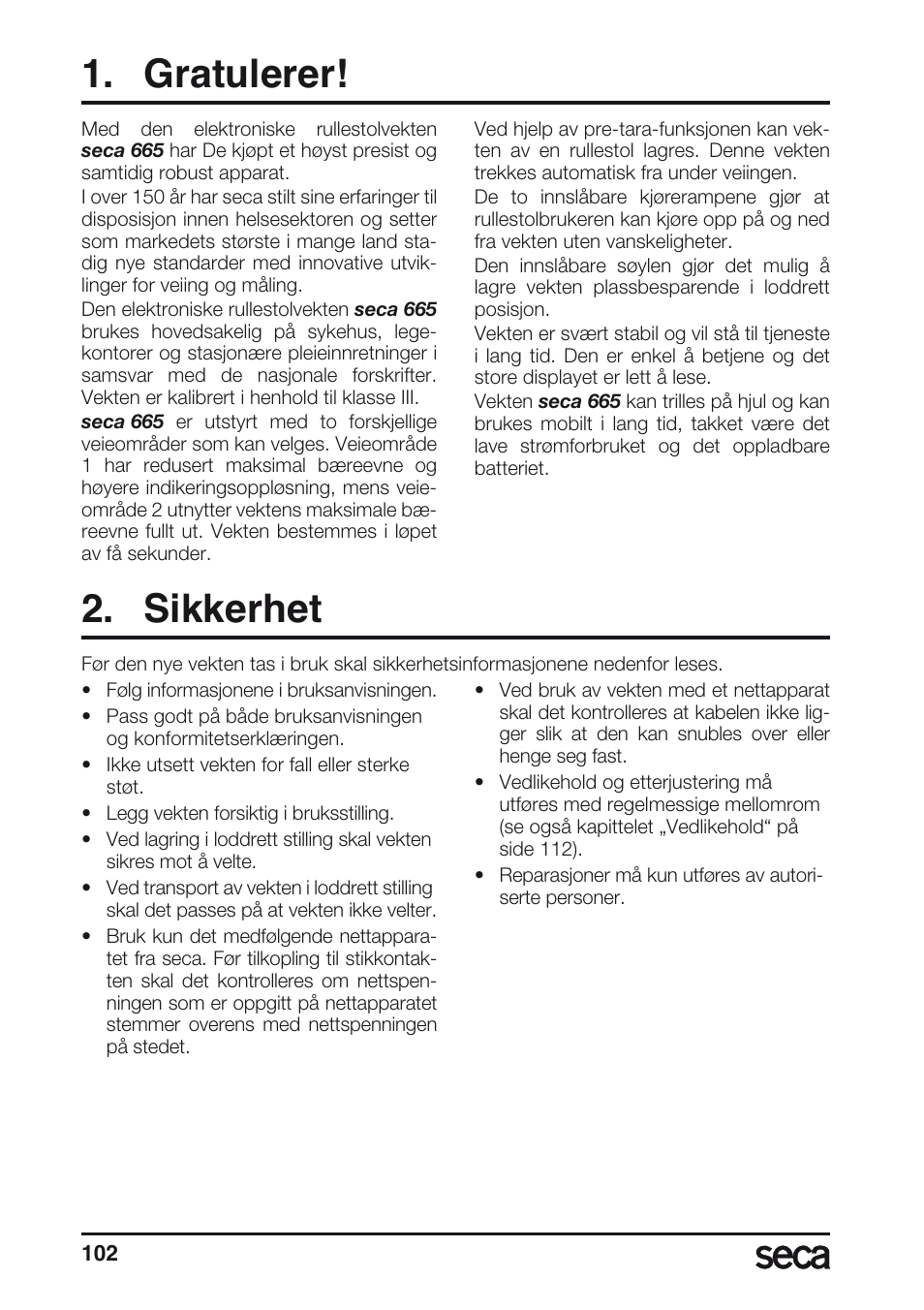 Gratulerer, Sikkerhet | Seca 665 User Manual | Page 102 / 188