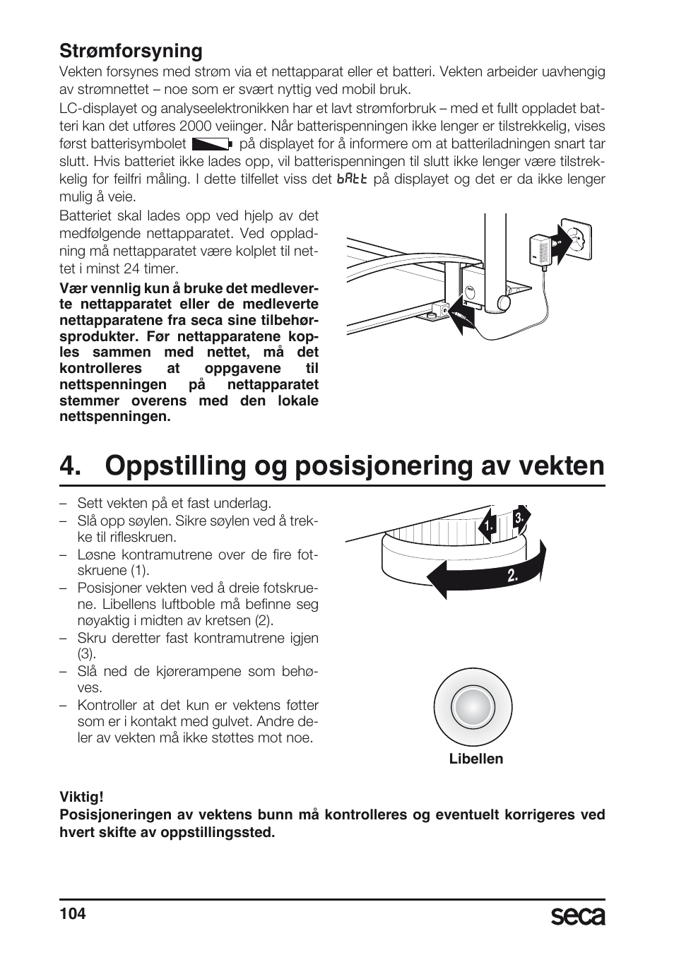 Strømforsyning, Oppstilling og posisjonering av vekten, Libelle | Seca 665 User Manual | Page 104 / 188