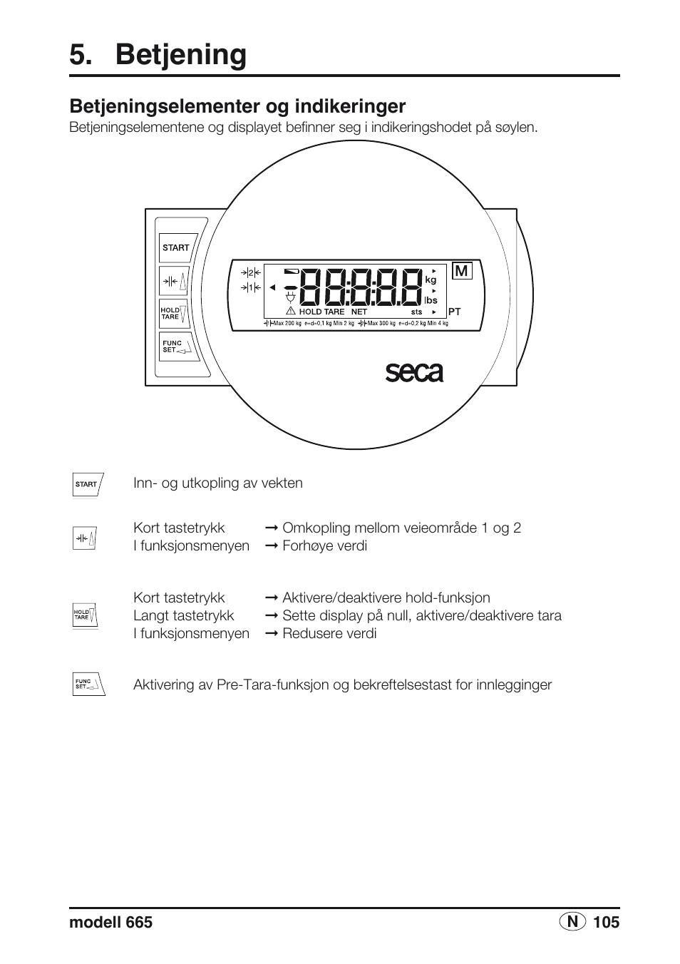 Betjening, Betjeningselementer og indikeringer | Seca 665 User Manual | Page 105 / 188