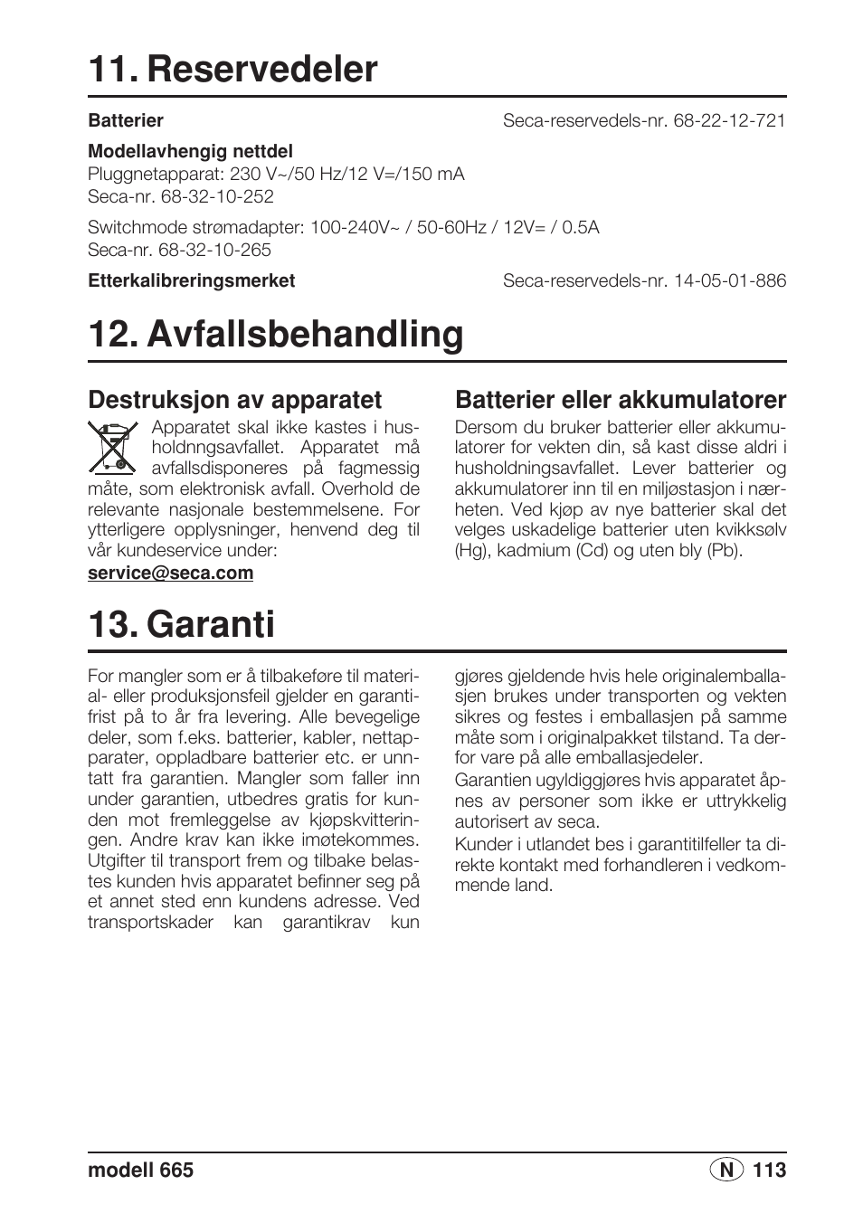 Reservedeler, Avfallsbehandling, Destruksjon av apparatet | Batterier og akkumulatorer, Garanti, Batterier eller akkumulatorer | Seca 665 User Manual | Page 113 / 188