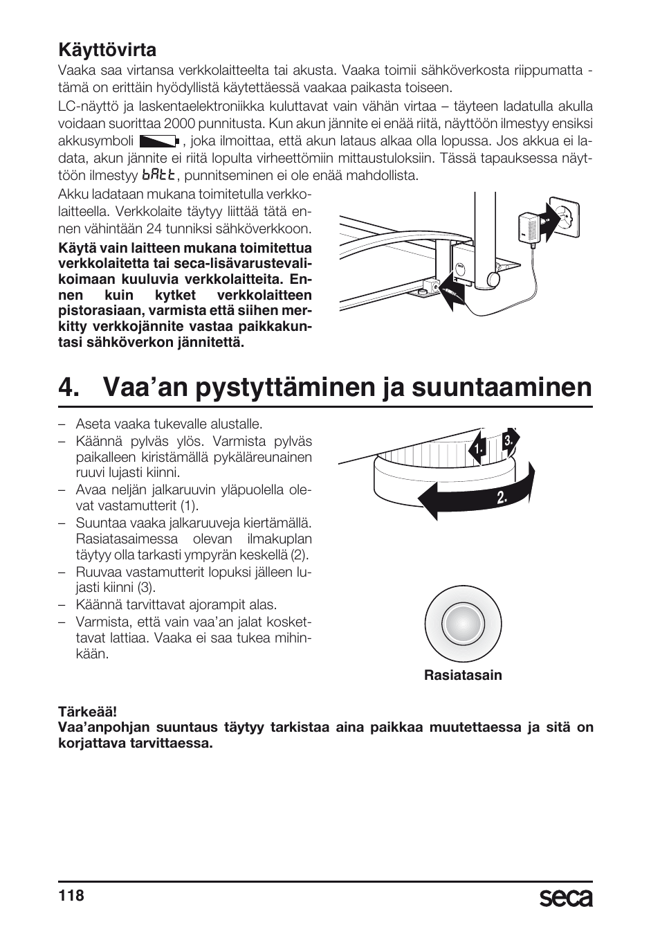 Käyttövirta, Vaa’an pystyttäminen ja suuntaaminen, Libelle | Seca 665 User Manual | Page 118 / 188