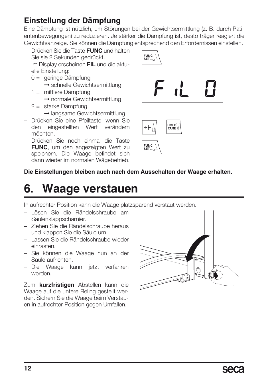 Einstellung der dämpfung, Waage verstauen | Seca 665 User Manual | Page 12 / 188