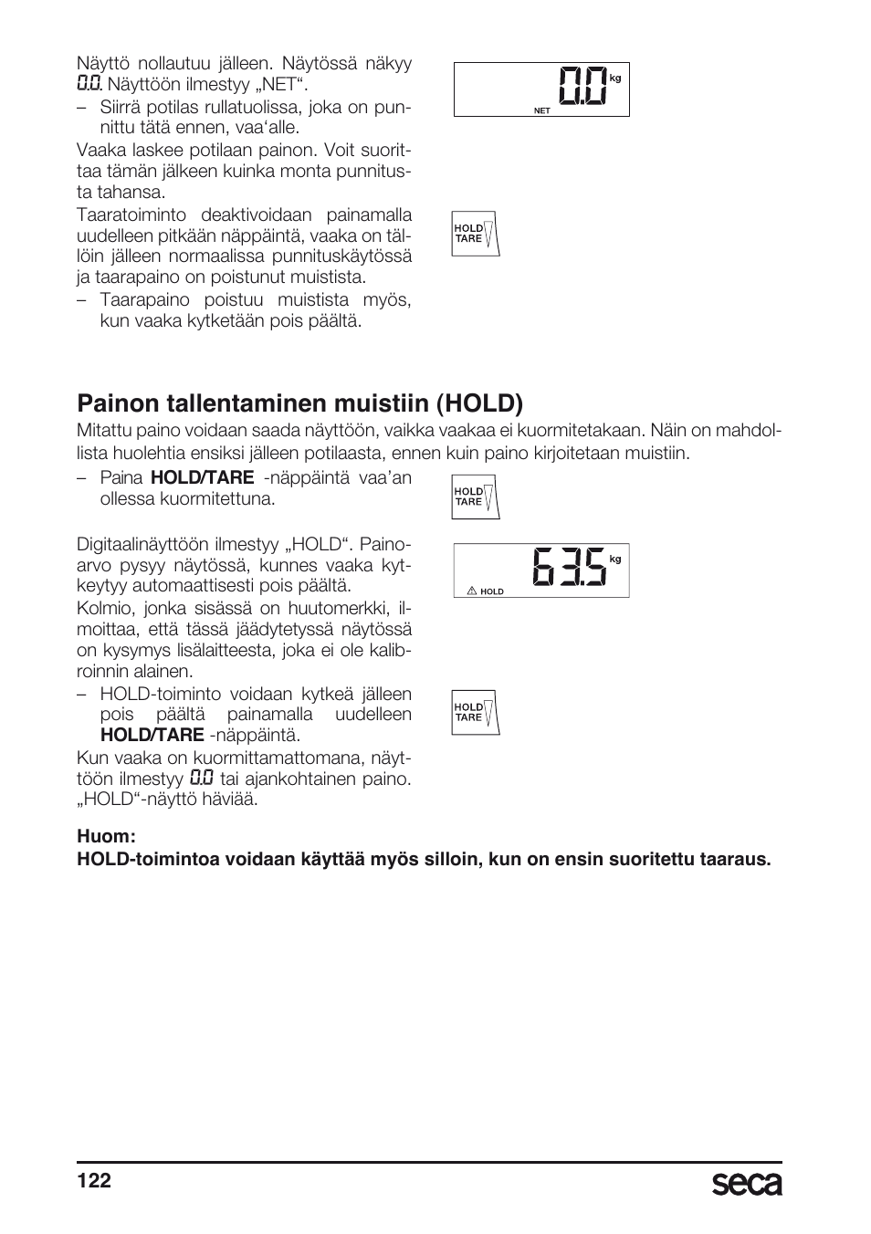 Painon tallentaminen muistiin (hold) | Seca 665 User Manual | Page 122 / 188