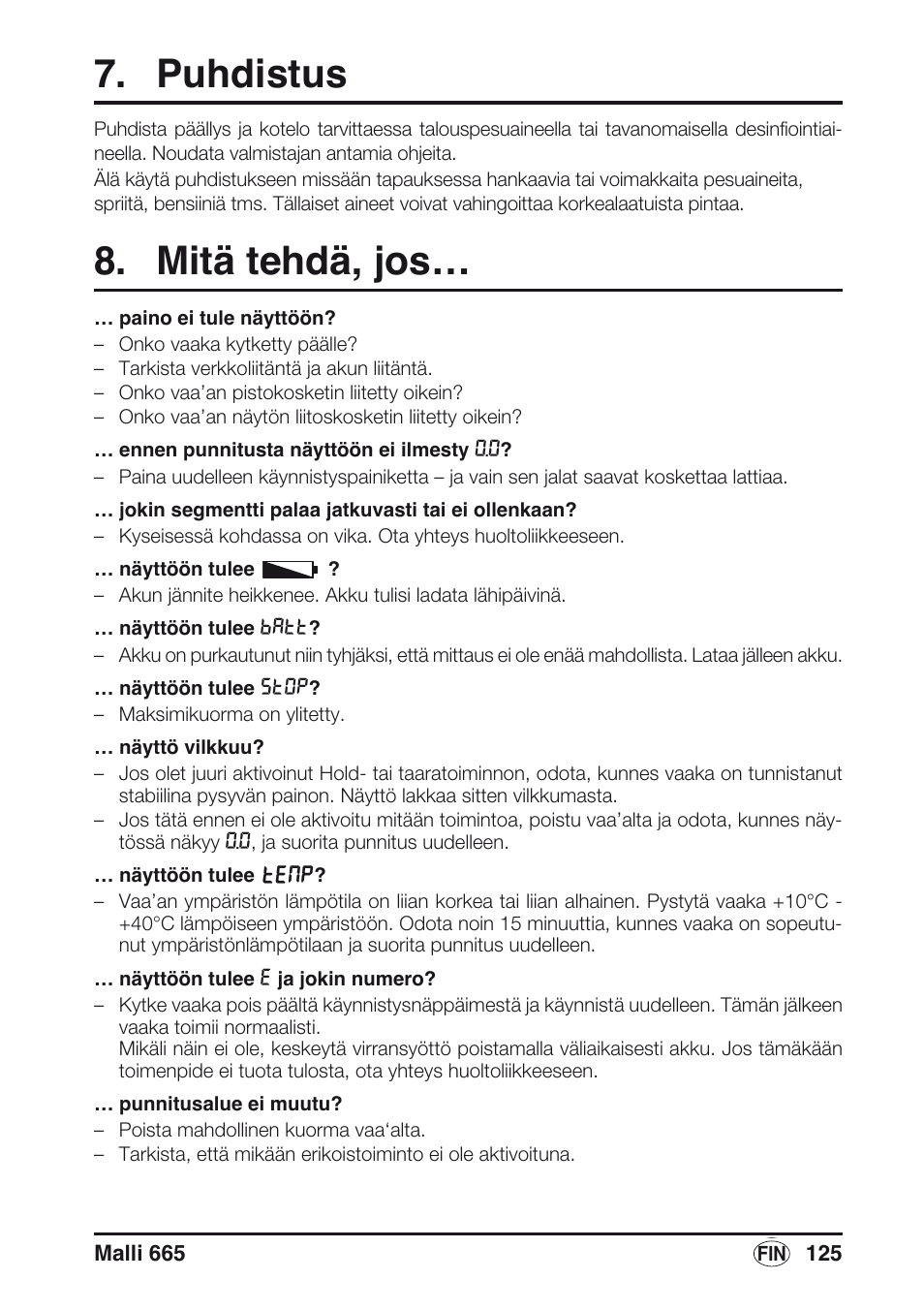 Puhdistus, Mitä tehdä, jos | Seca 665 User Manual | Page 125 / 188