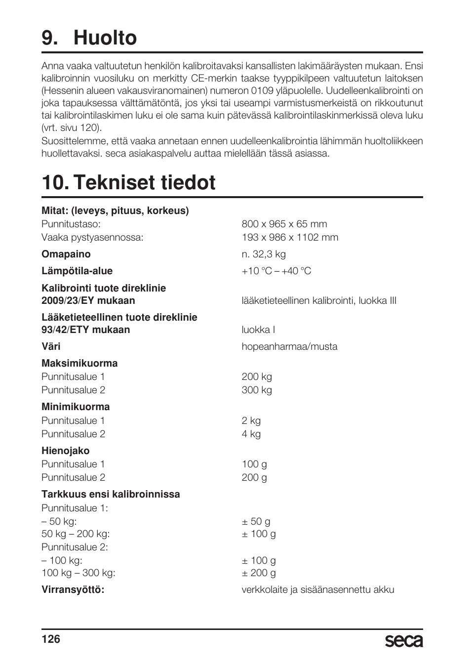 Huolto, Tekniset tiedot | Seca 665 User Manual | Page 126 / 188