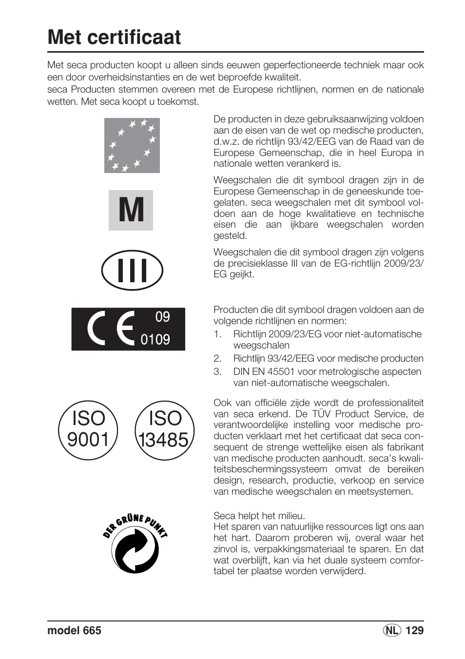 Nederlands, Met certificaat | Seca 665 User Manual | Page 129 / 188