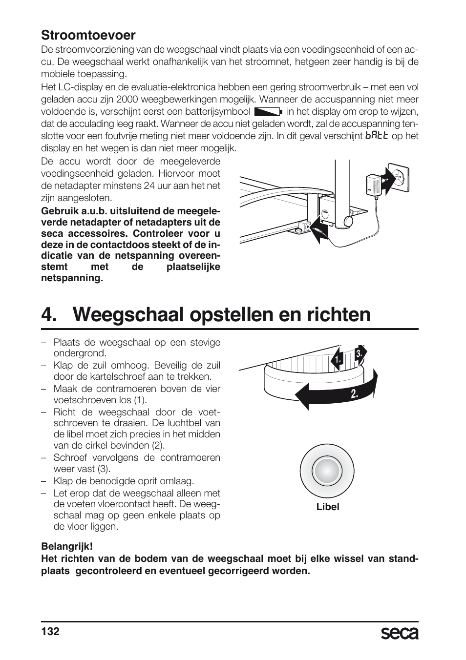 Stroomtoevoer, Weegschaal opstellen en richten, Libelle | Seca 665 User Manual | Page 132 / 188