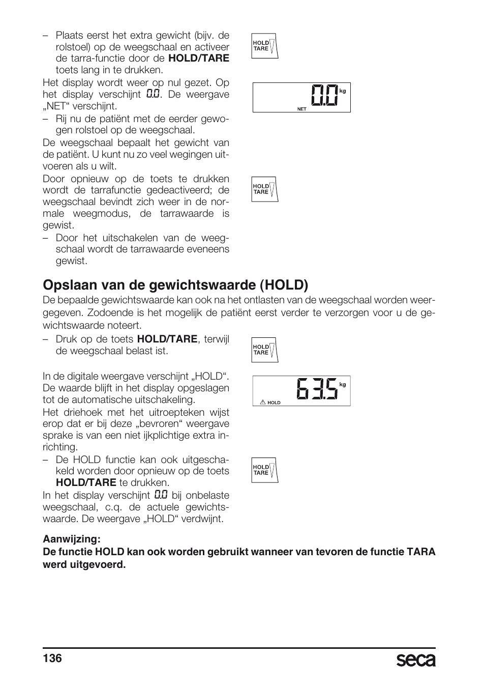 Opslaan van de gewichtswaarde (hold) | Seca 665 User Manual | Page 136 / 188