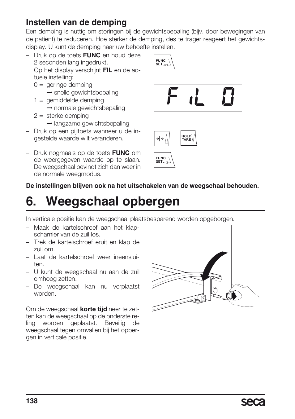 Instellen van de demping, Weegschaal opbergen | Seca 665 User Manual | Page 138 / 188