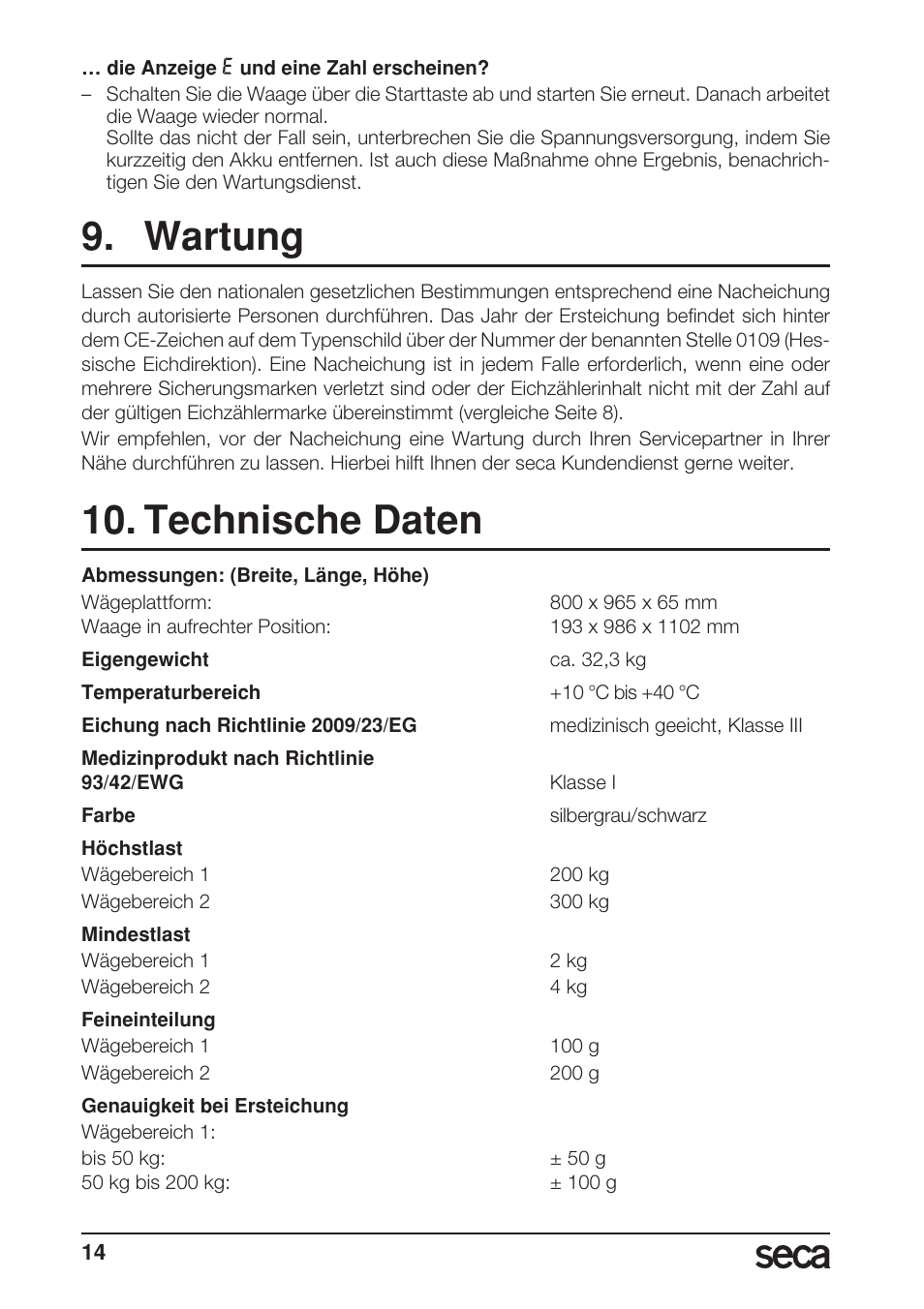 Wartung, Technische daten | Seca 665 User Manual | Page 14 / 188