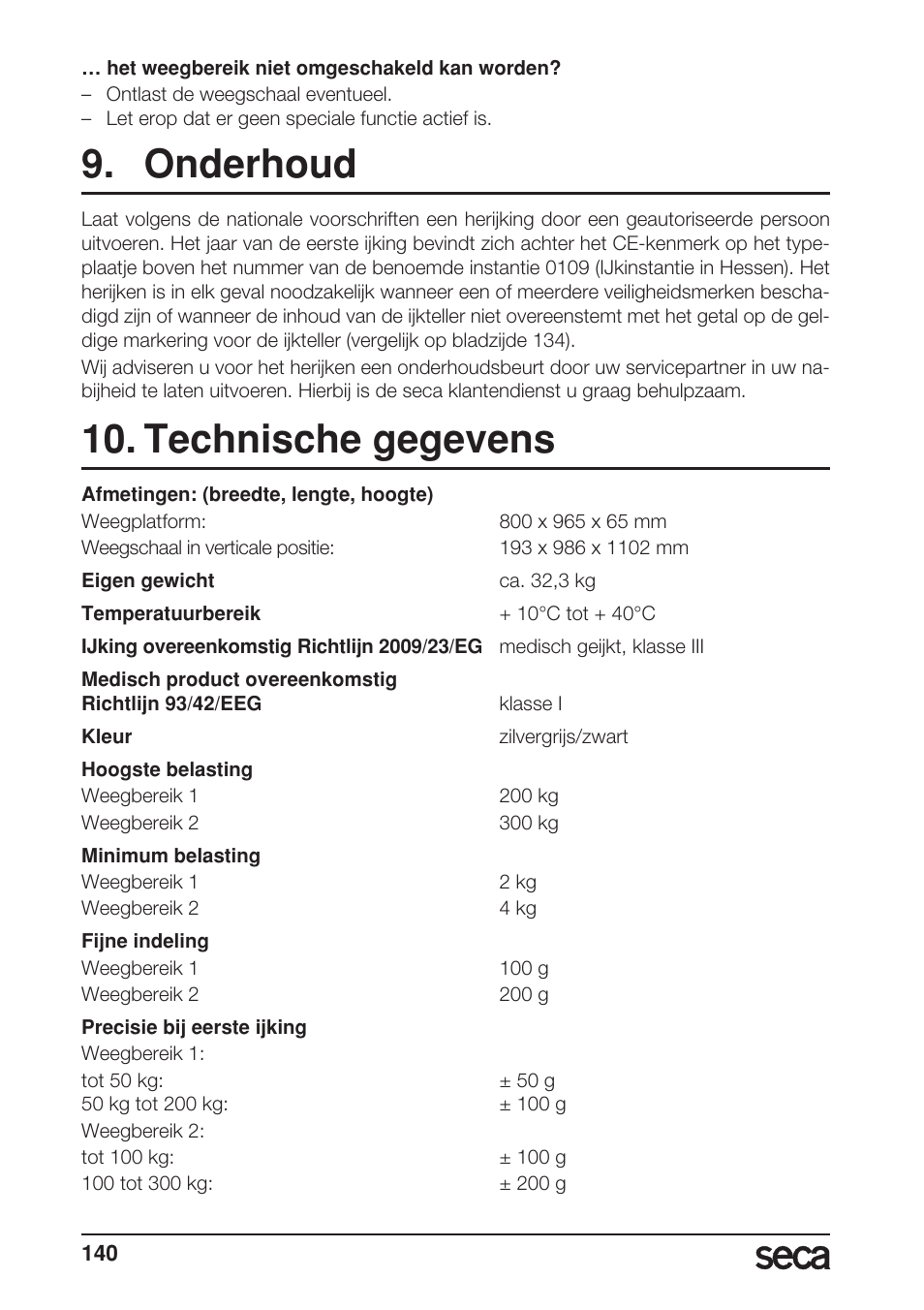 Onderhoud, Technische gegevens | Seca 665 User Manual | Page 140 / 188