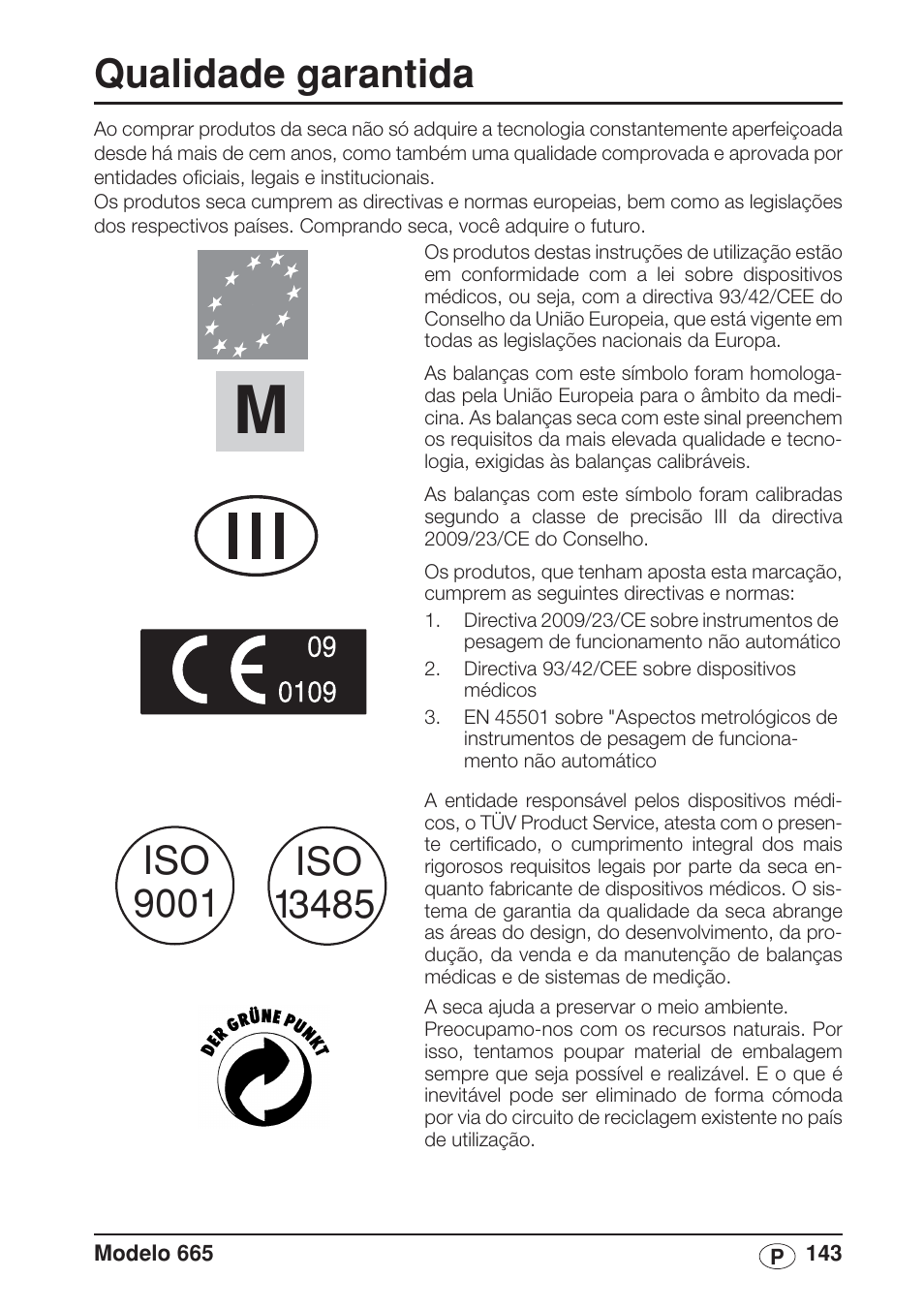 Português, Qualidade garantida | Seca 665 User Manual | Page 143 / 188