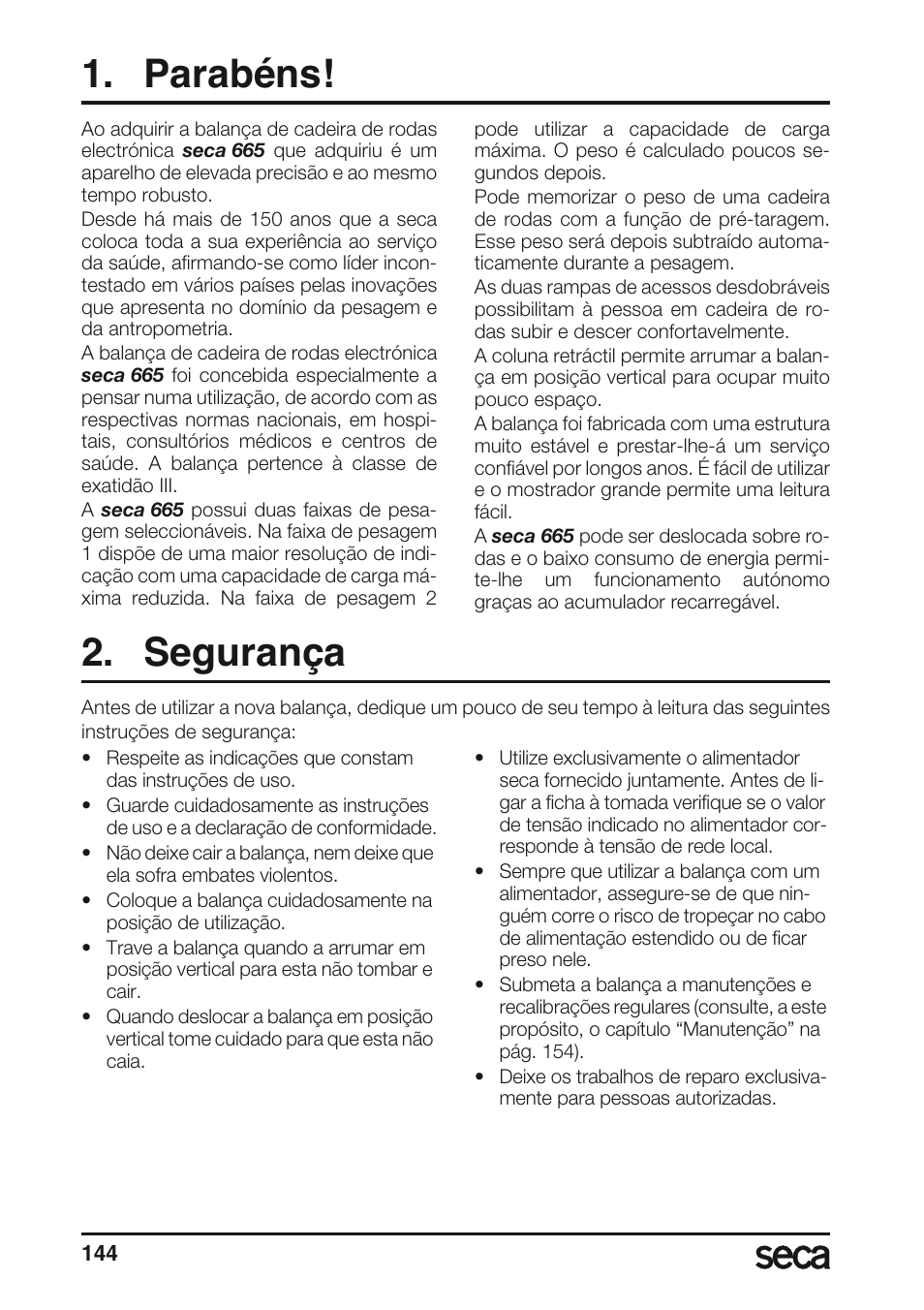 Parabéns, Segurança | Seca 665 User Manual | Page 144 / 188