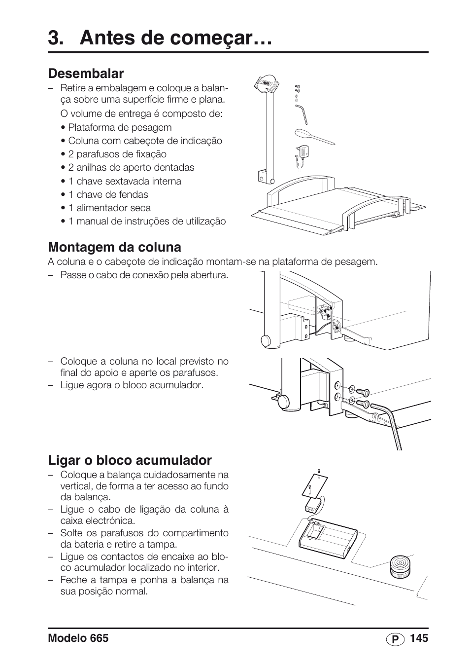 Antes de começar, Desembalar, Montagem da coluna | Ligar o bloco acumulador | Seca 665 User Manual | Page 145 / 188