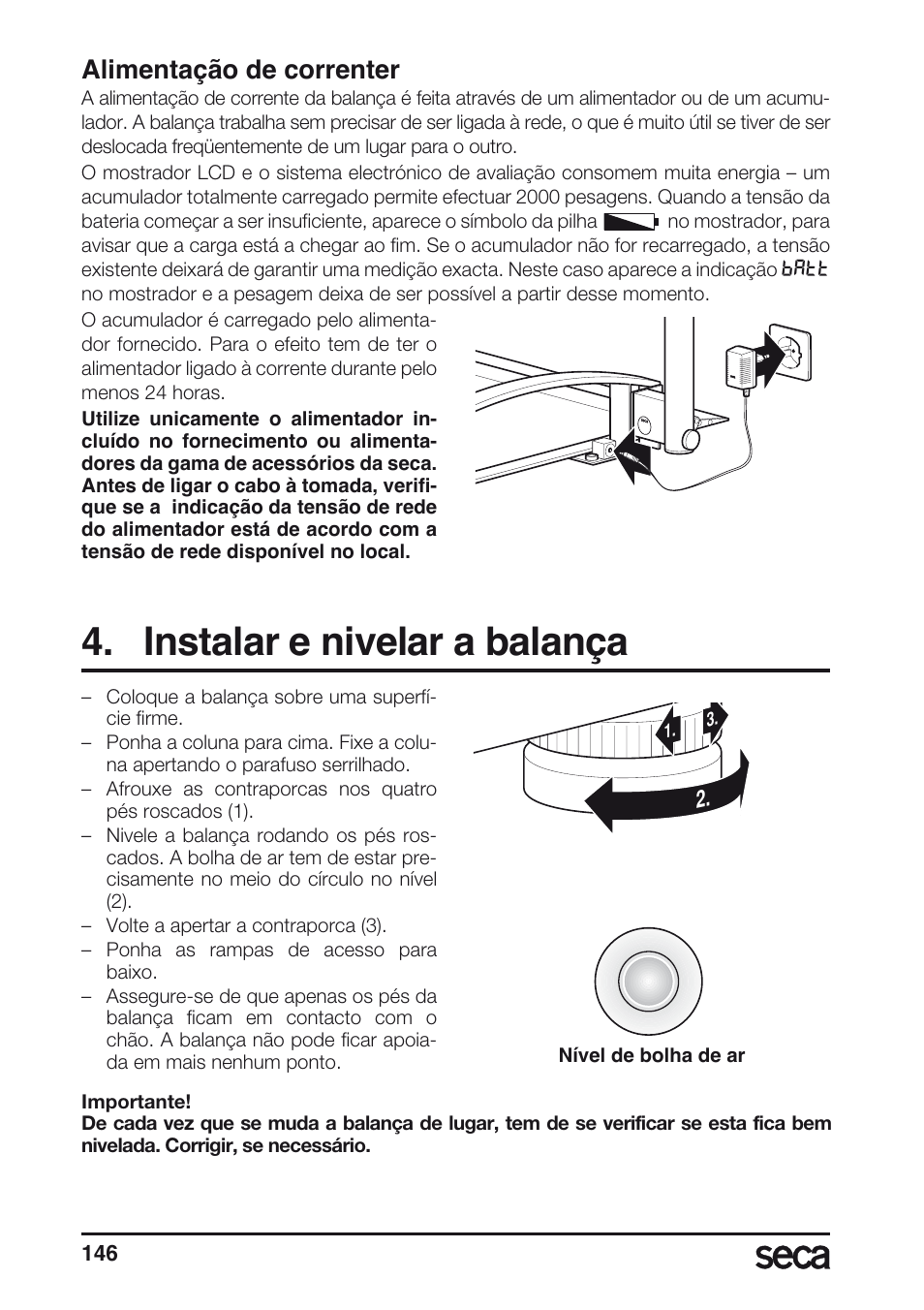 Alimentação de correnter, Instalar e nivelar a balança, Libelle | Seca 665 User Manual | Page 146 / 188