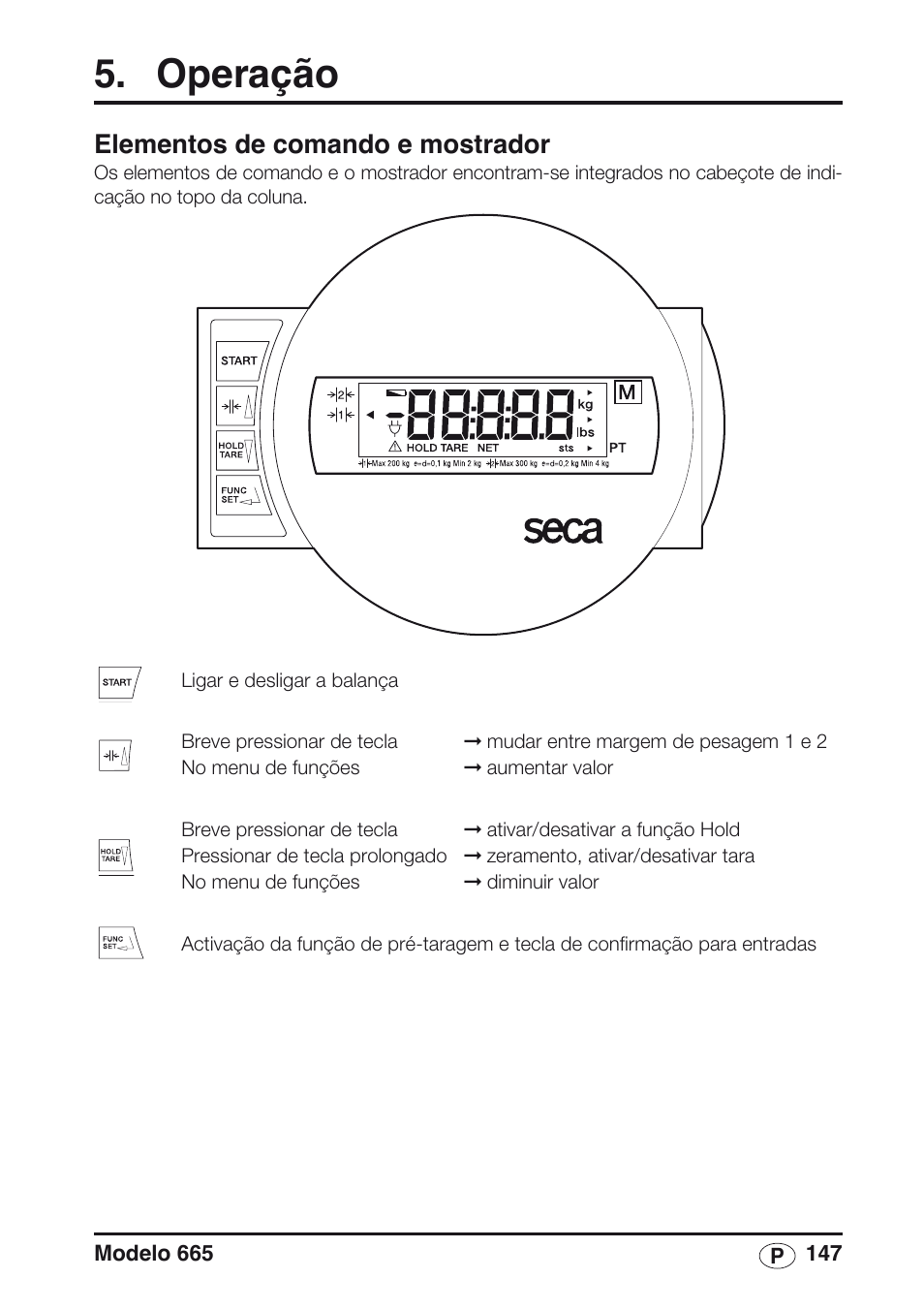 Operação, Elementos de comando e mostrador | Seca 665 User Manual | Page 147 / 188