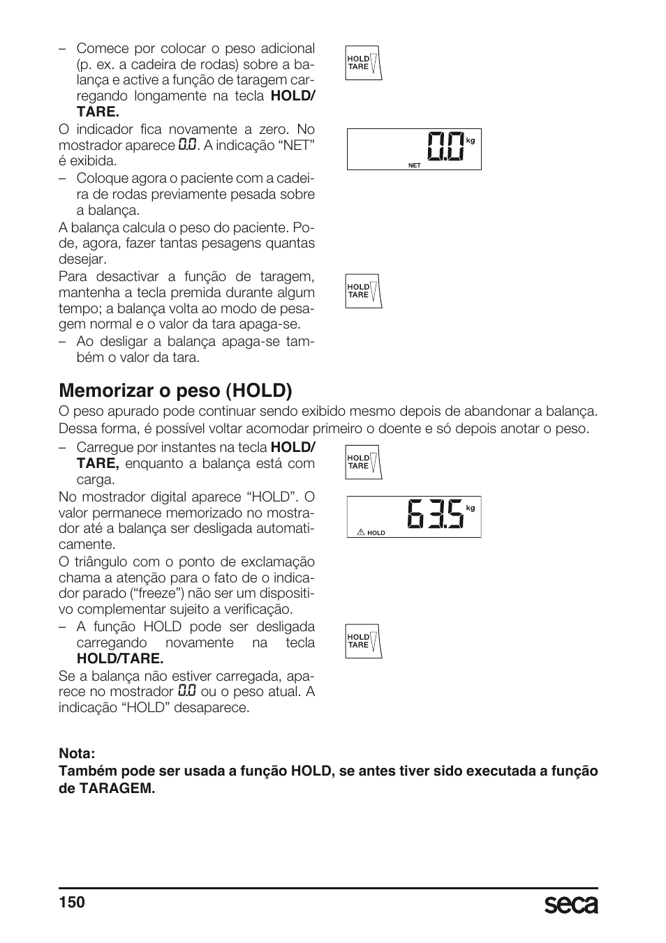 Memorizar o peso (hold) | Seca 665 User Manual | Page 150 / 188
