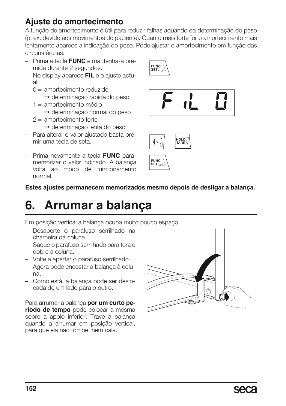 Ajuste do amortecimento, Arrumar a balança | Seca 665 User Manual | Page 152 / 188