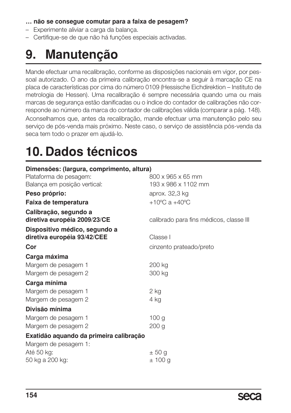 Manutenção, Dados técnicos | Seca 665 User Manual | Page 154 / 188