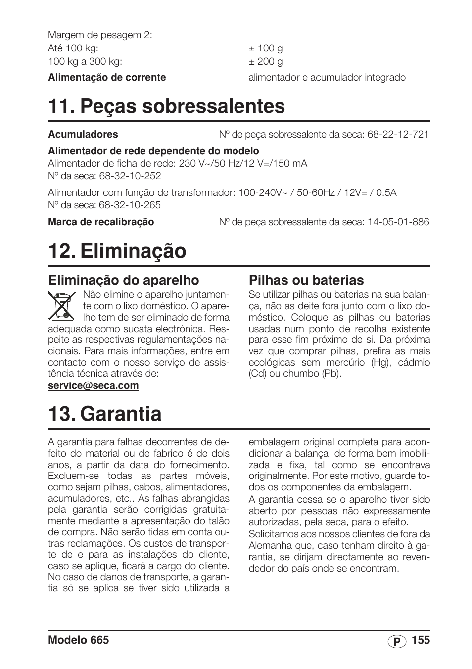 Peças sobressalentes, Eliminação, Eliminação do aparelho | Pilhas e baterias, Garantia, Pilhas ou baterias | Seca 665 User Manual | Page 155 / 188