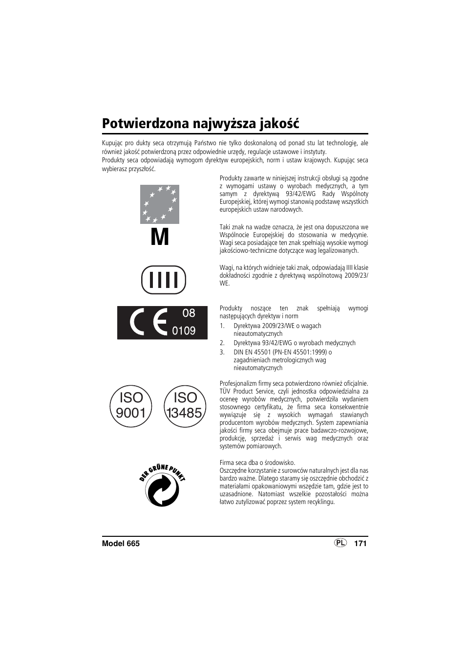 Polski, Potwierdzona najwyższa jakość | Seca 665 User Manual | Page 171 / 188