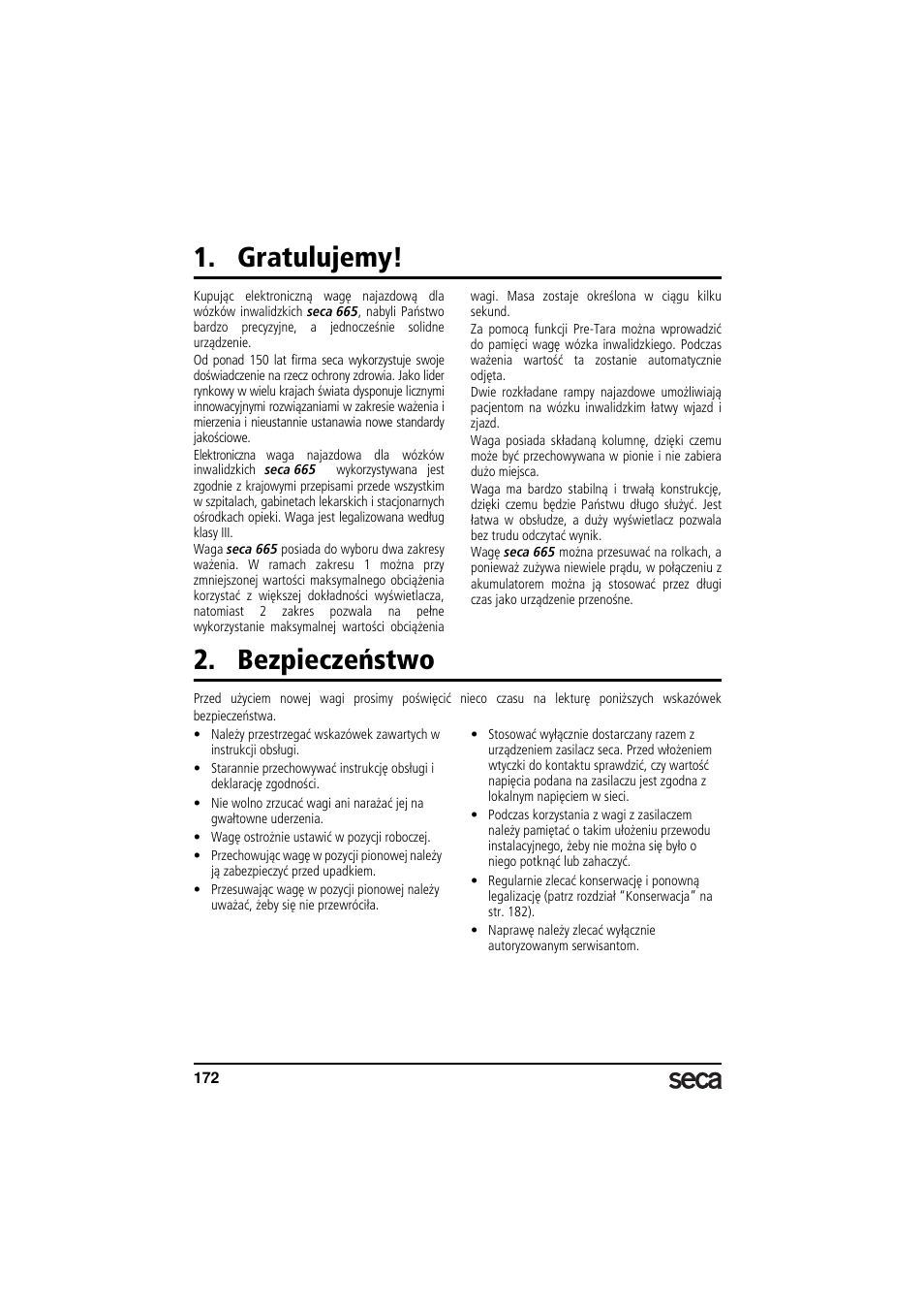 Gratulujemy, Bezpieczeństwo | Seca 665 User Manual | Page 172 / 188