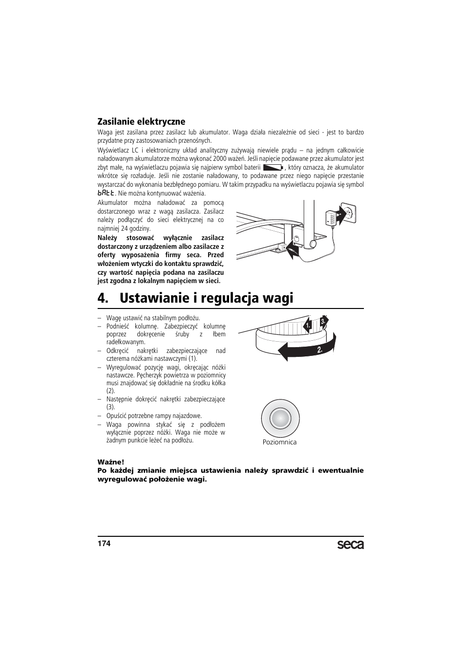 Zasilanie elektryczne, Ustawianie i regulacja wagi, Libelle | Seca 665 User Manual | Page 174 / 188