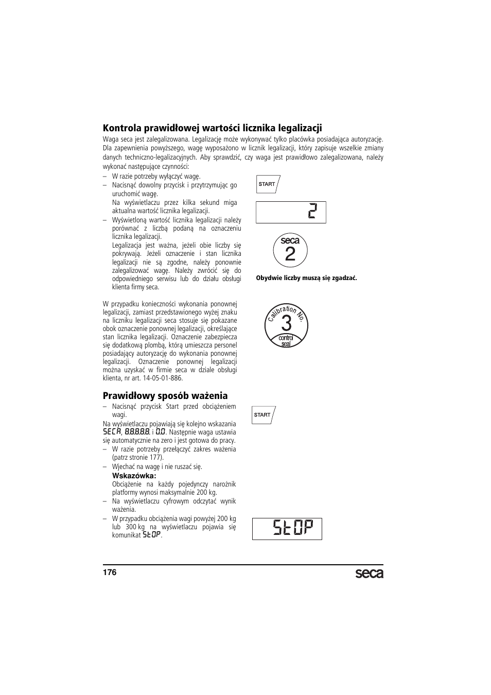 Kontrola prawidłowej wartości licznika legalizacji, Prawidłowy sposób ważenia | Seca 665 User Manual | Page 176 / 188