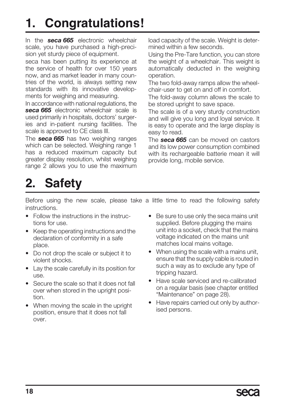 Congratulations, Safety | Seca 665 User Manual | Page 18 / 188